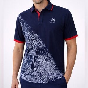 Nautica Anniversary Polo Zipper Closure Men's Golf Shirt Blue w/Map S/S Size XL